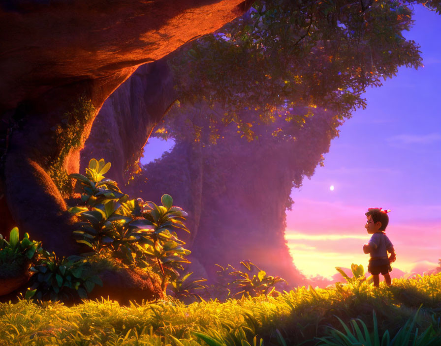 Animated character in vibrant sunset landscape with cave, waterfall, and greenery.