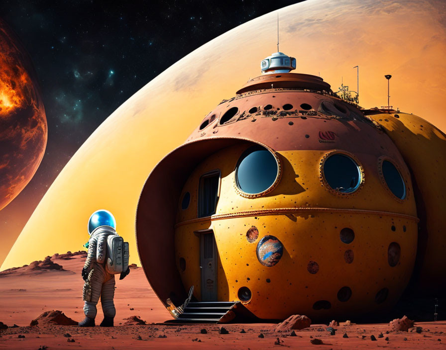 Astronaut near Mars habitat with planet and stars.