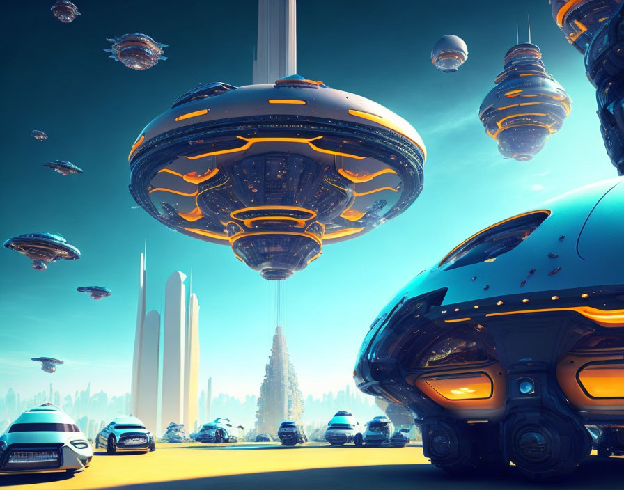 Futuristic cityscape with floating vehicles and towering structures