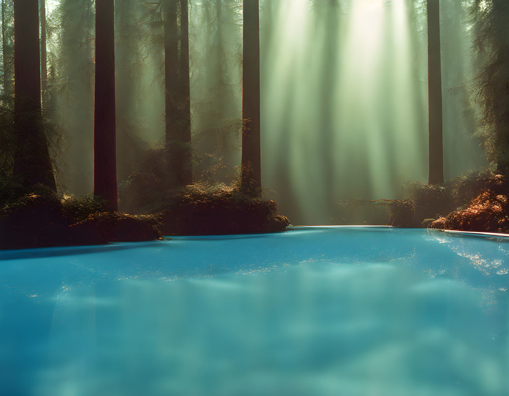 Tranquil forest pool under ethereal light in misty setting