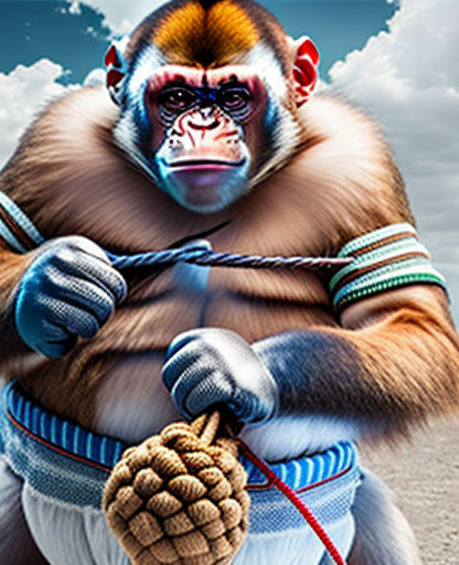 Muscular baboon with boxing hand wraps gripping a jump rope under cloudy sky