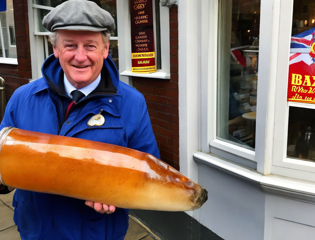 Smiling man with sausage in front of shop with British flag