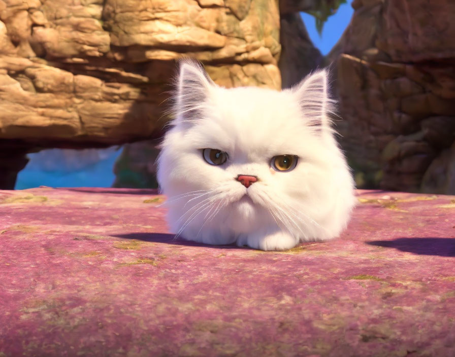 Fluffy White Animated Cat with Golden Eyes on Purple Stone Surface