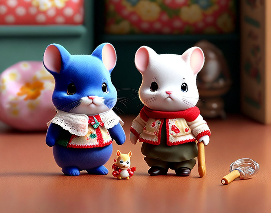 Colorful Anthropomorphic Toy Mice in Blue and White