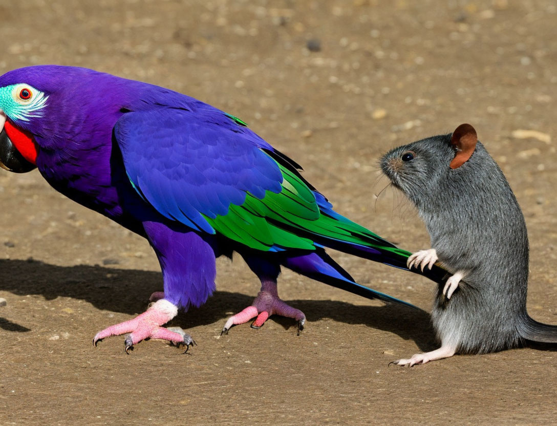 Vibrant parrot with purple, blue, and green feathers near grey mouse on brown surface