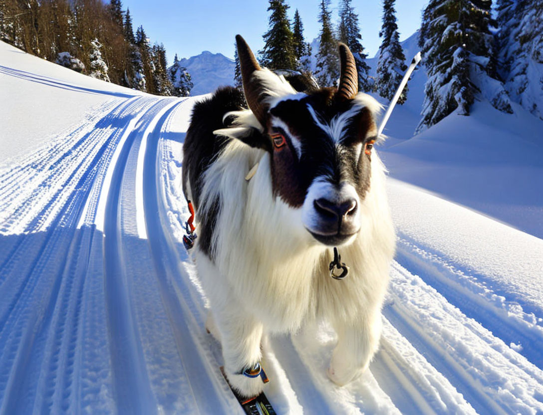 Goat with Bell on Snowy Path in Mountain Landscape