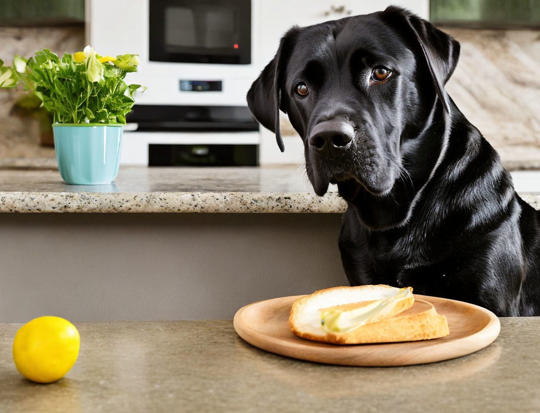 Black Labrador with sandwich and lemon by kitchen counter