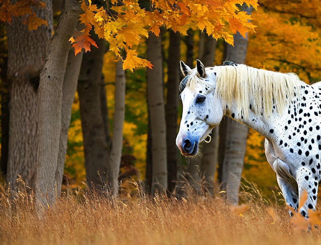 Speckled white horse with pale mane in autumn field.