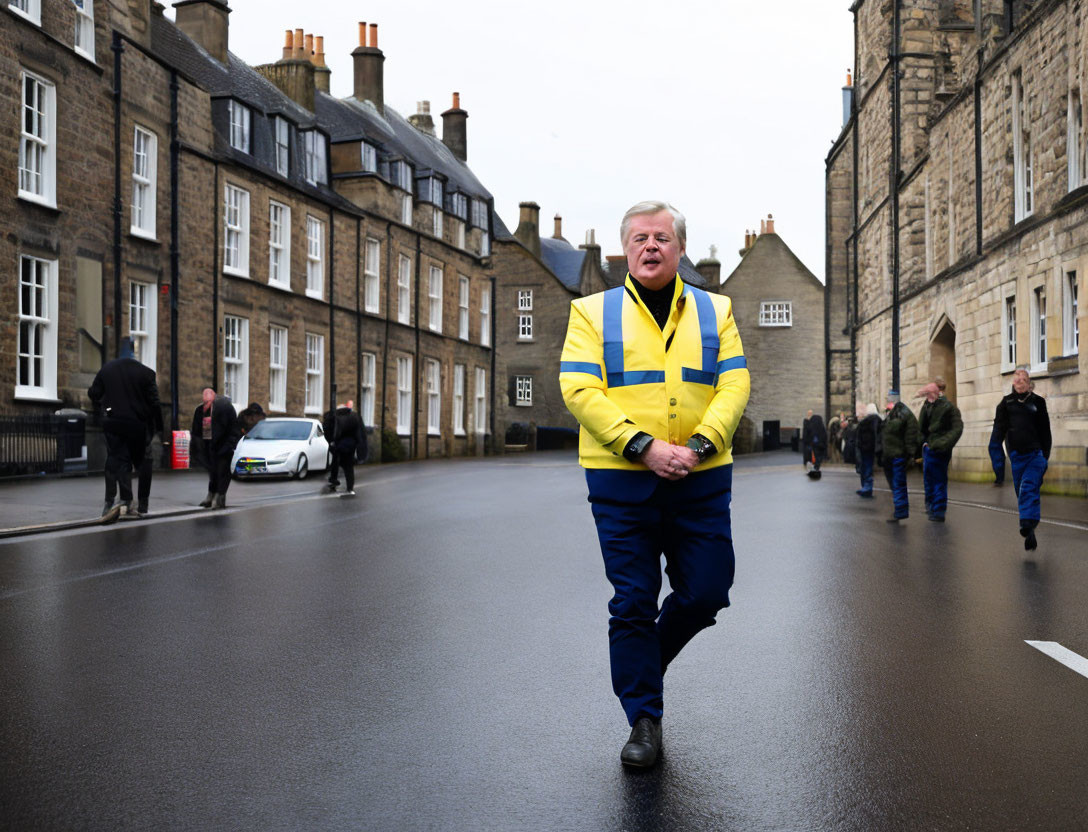 Man in yellow high-visibility jacket walking in wet street with stone buildings