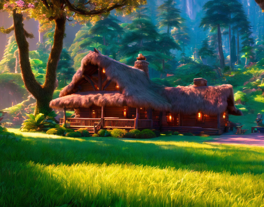 Thatched cottage in enchanted forest with glowing windows