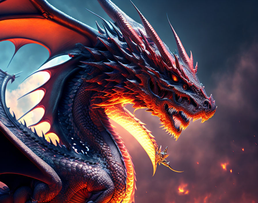 Detailed Red and Black Dragon Artwork with Large Wings and Horns