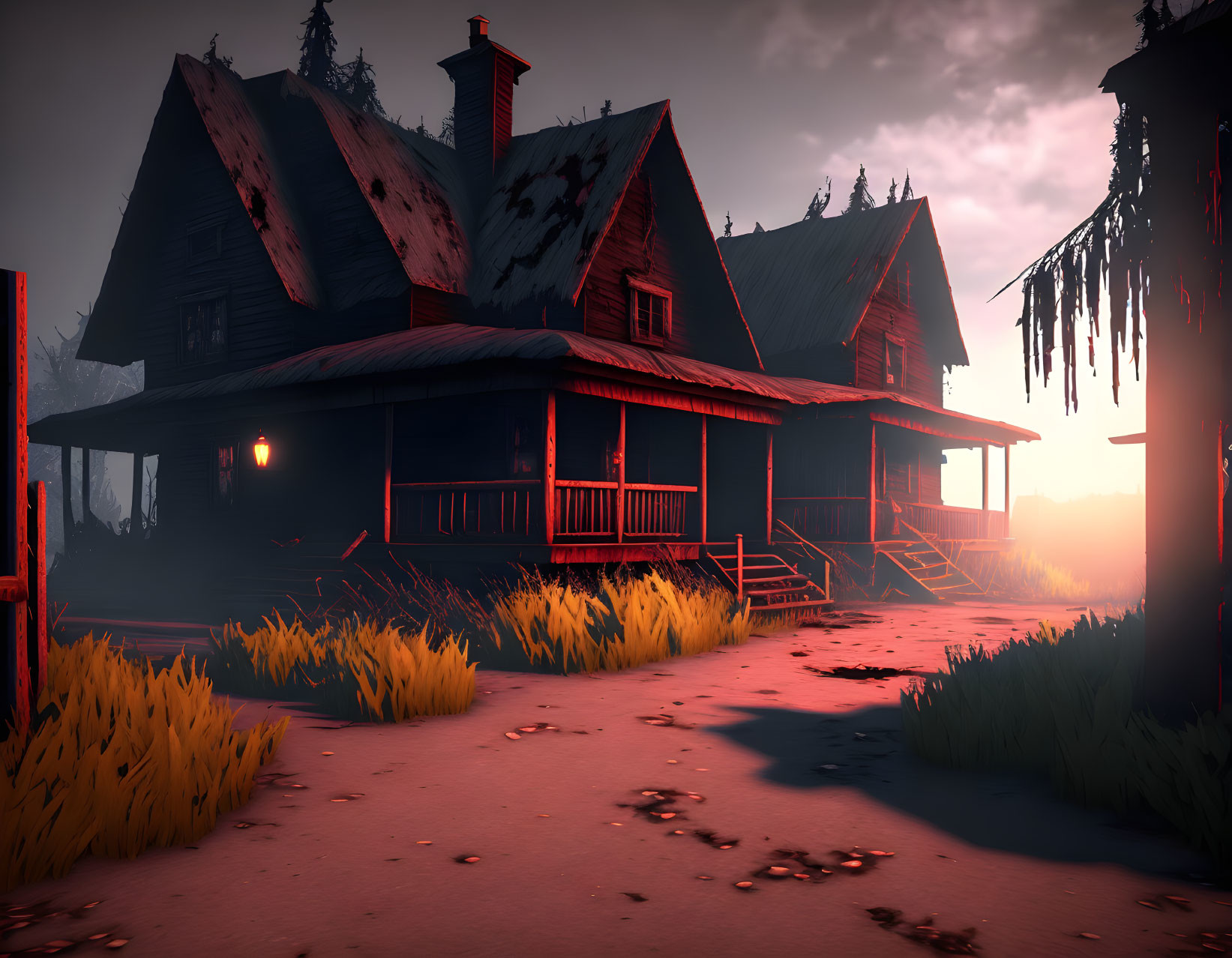 Dilapidated wooden houses at dusk with red glow and tall grass