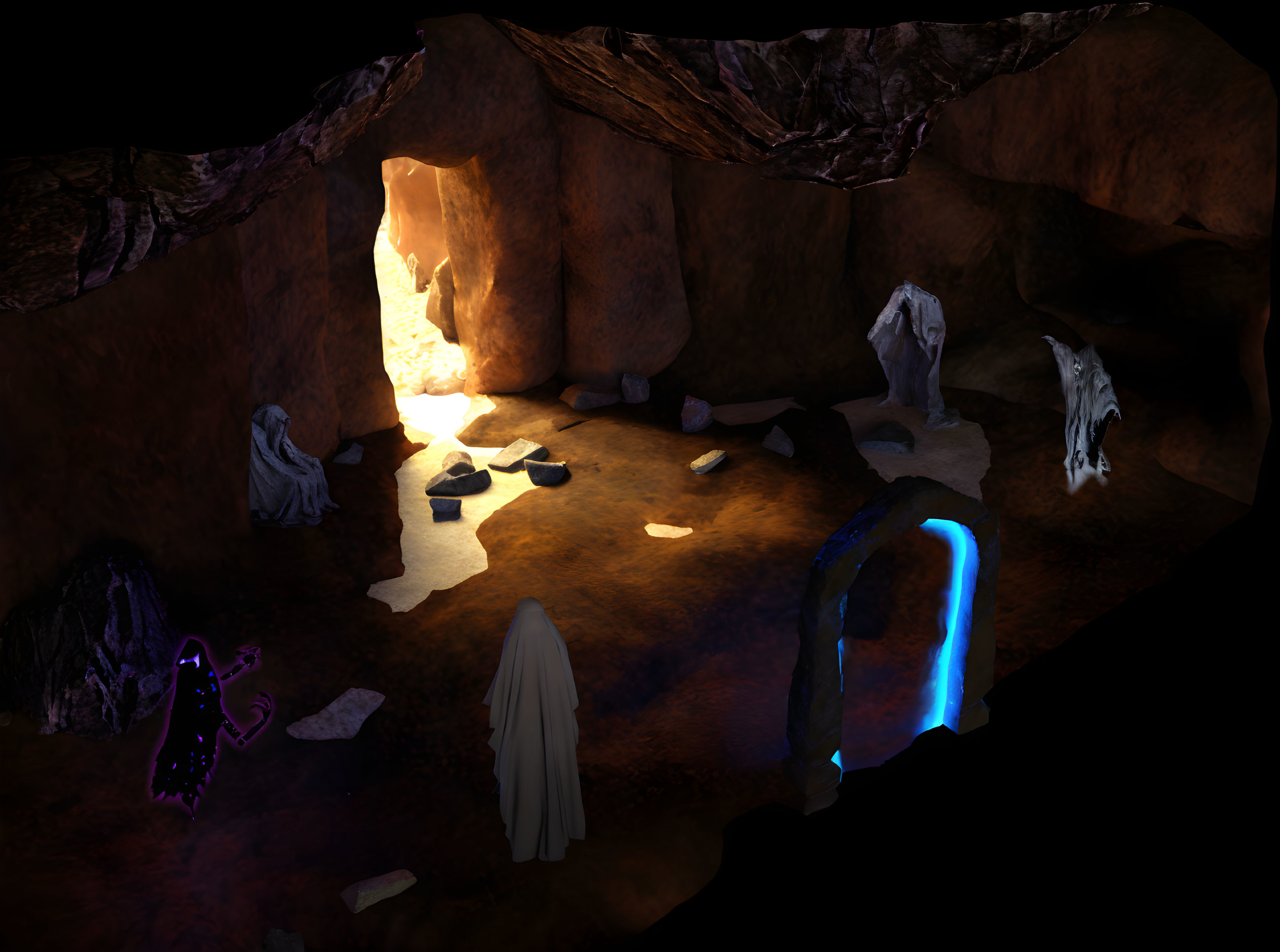 Mysterious figures in cloaks in dimly lit cave with glowing portal