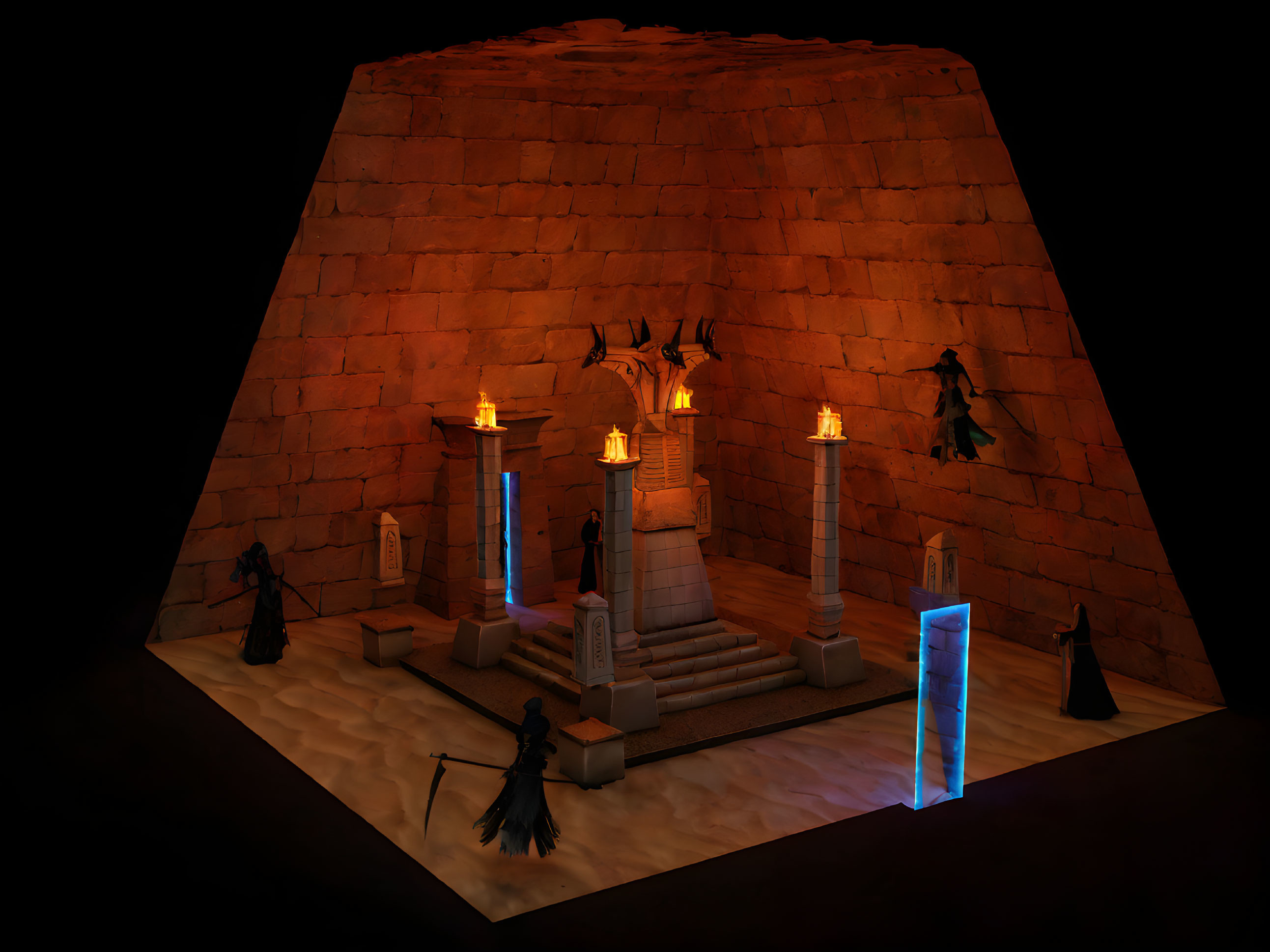 Dark atmospheric scene with cloaked figures around illuminated altar in pyramid chamber