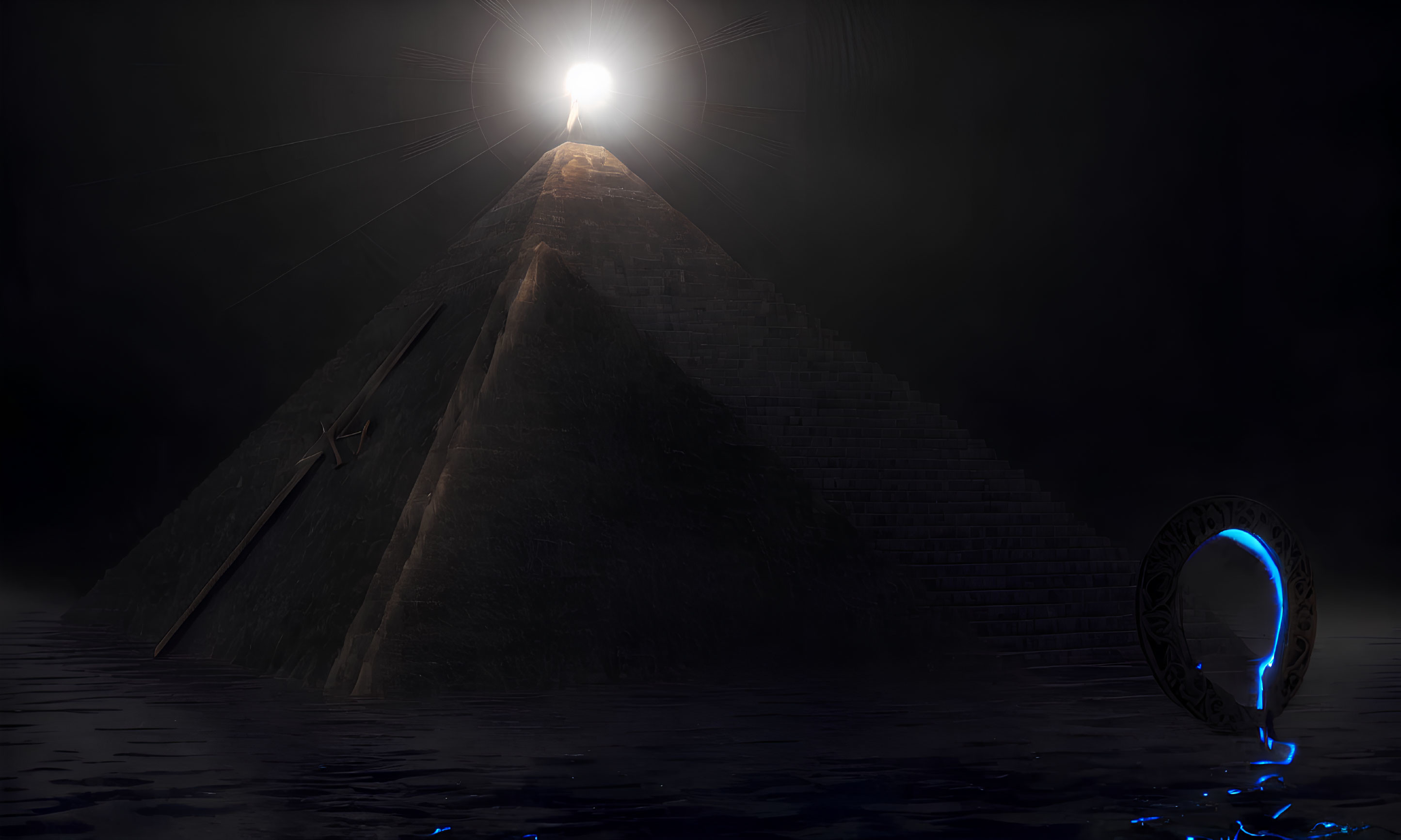 Person standing on pyramid under night sky with bright light and ancient shield nearby