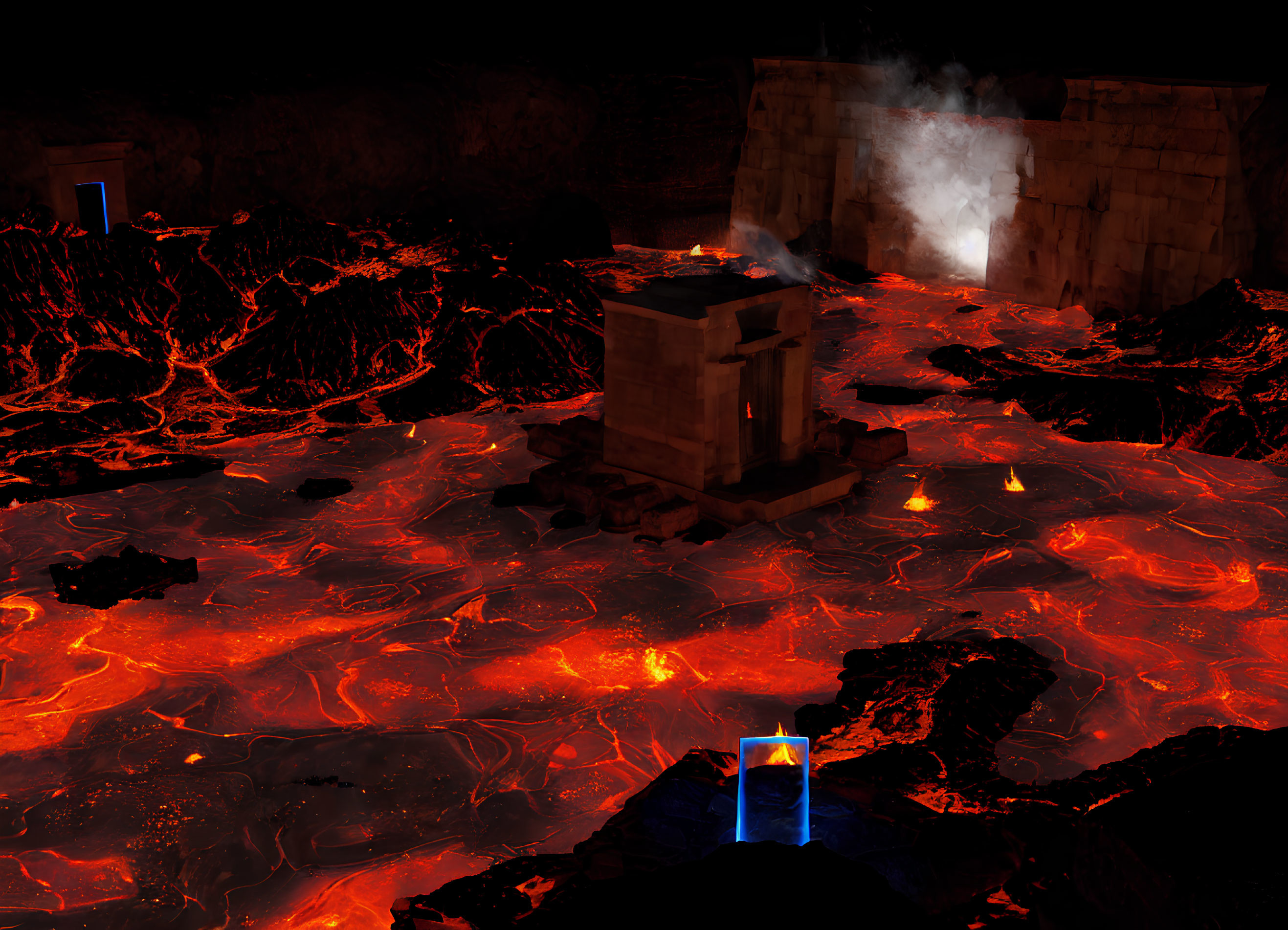 Surrealist volcanic landscape with molten lava and glowing rocks