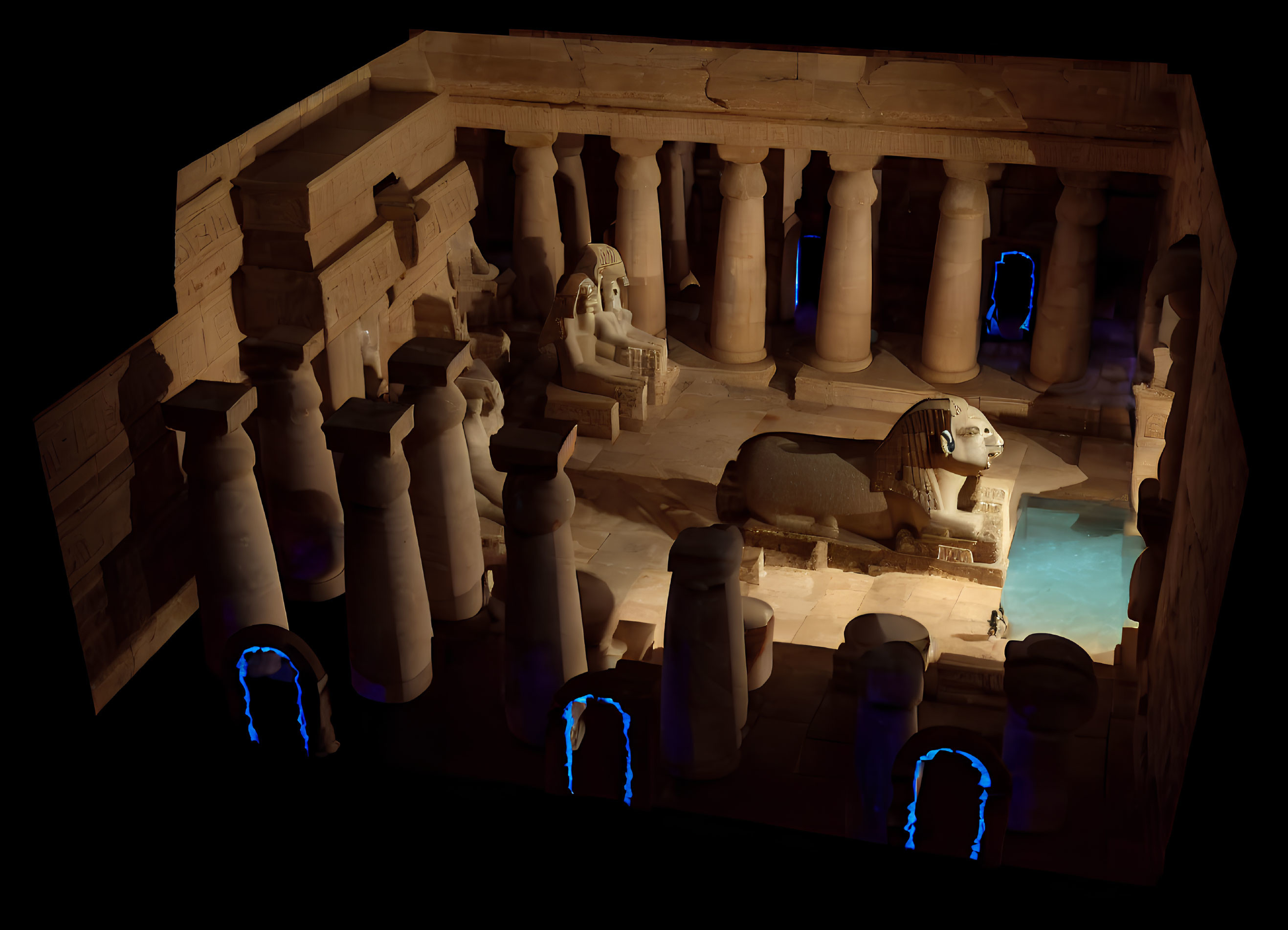 Ancient Egyptian temple interior with towering columns and pharaoh statues