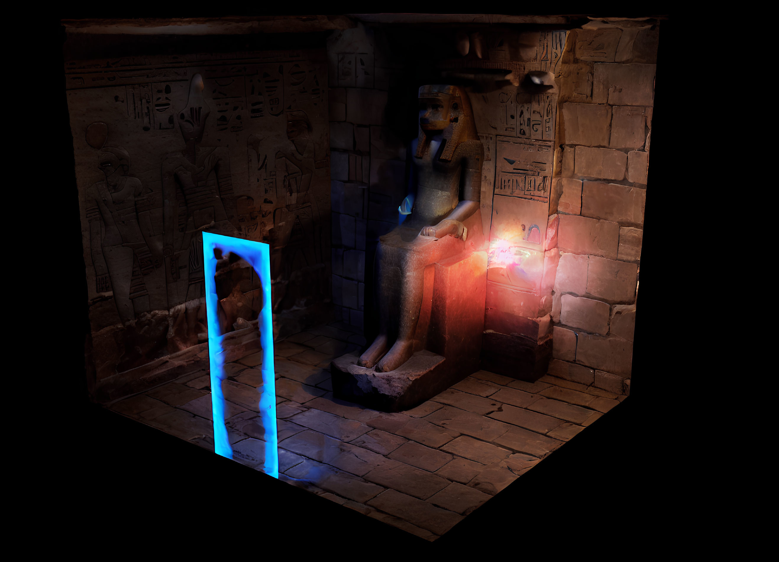 Digital artwork of ancient Egyptian tomb with pharaoh statue, hieroglyphics, and blue portal