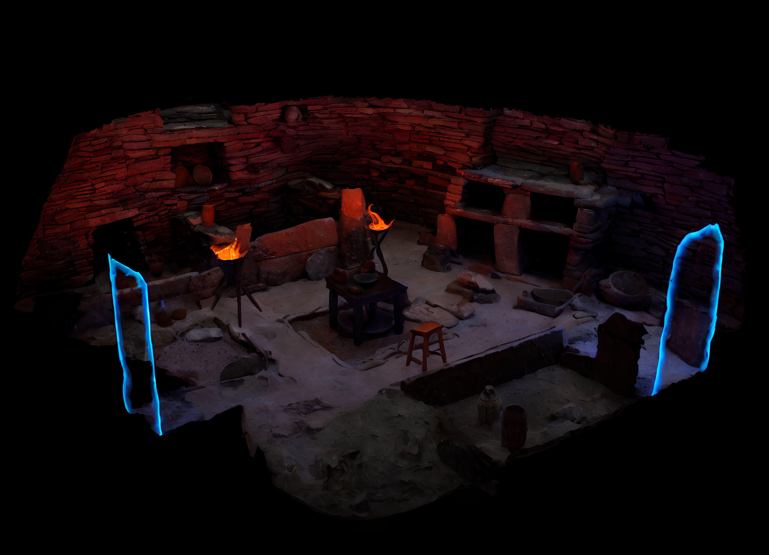 Medieval blacksmith room with forges, anvil, tools, and blue portals