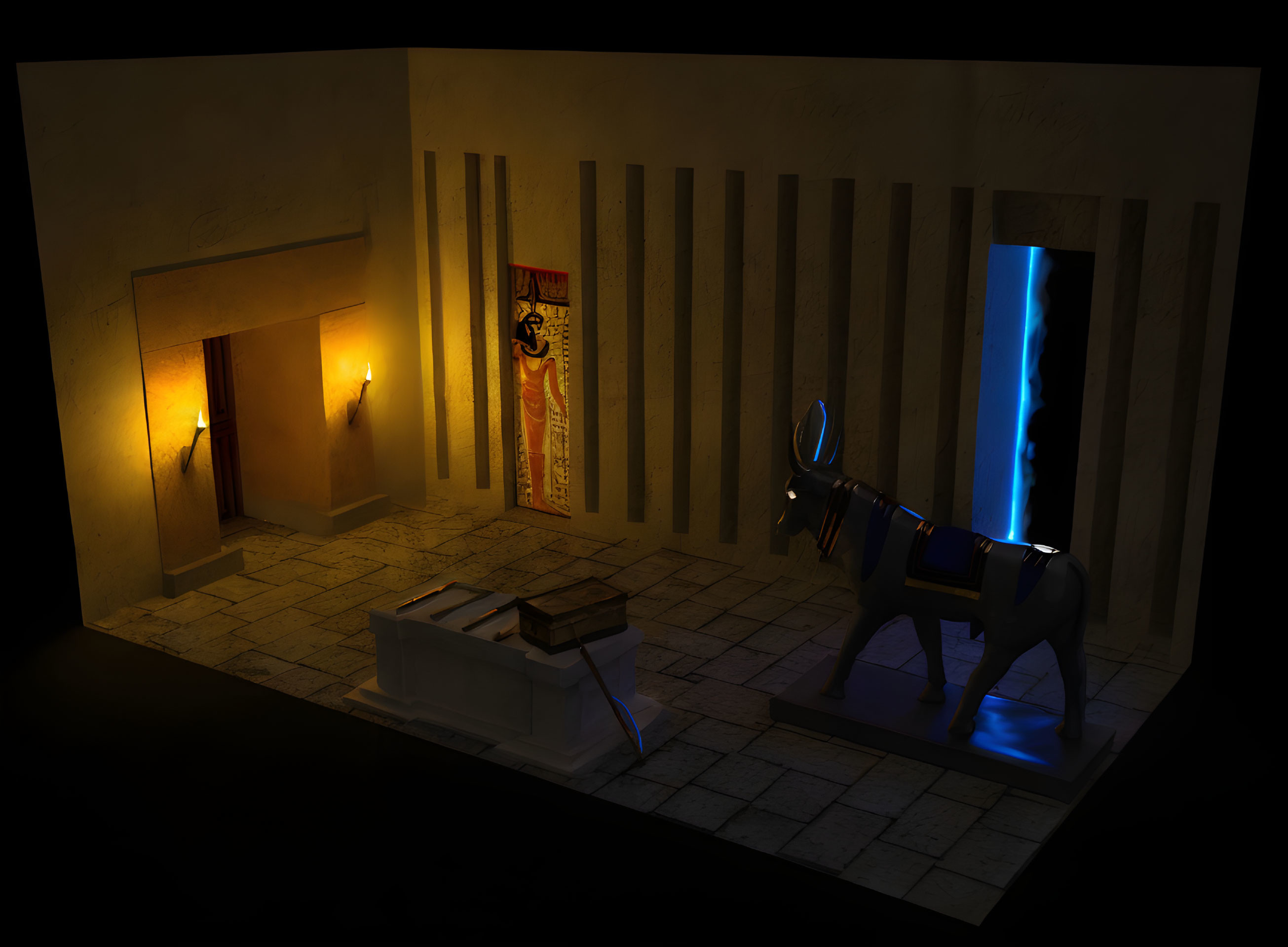 Dimly Lit Room with Anubis Statue, Hieroglyph Scroll, and Ancient Chest