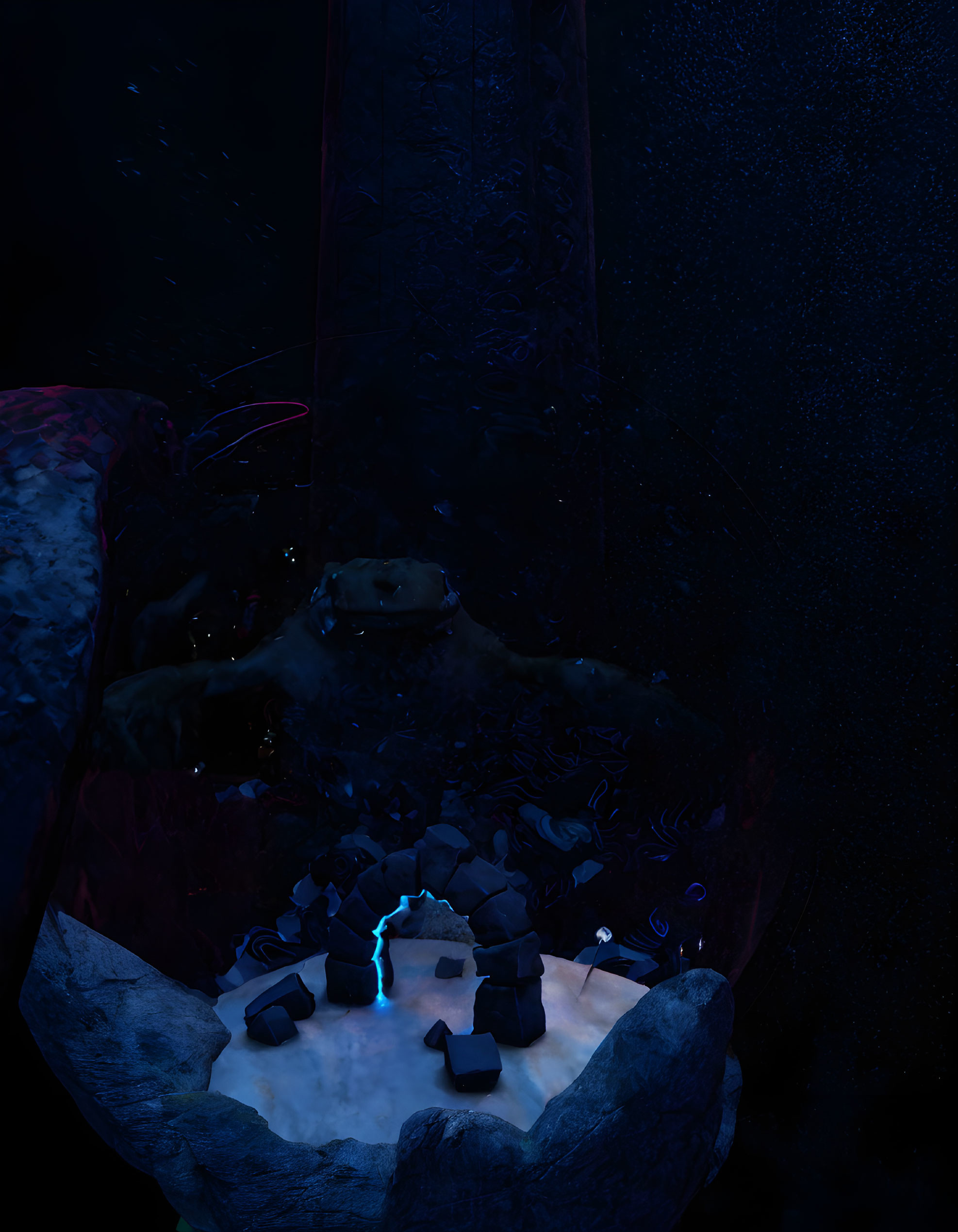 Stylized frog king in underwater scene with stone structure