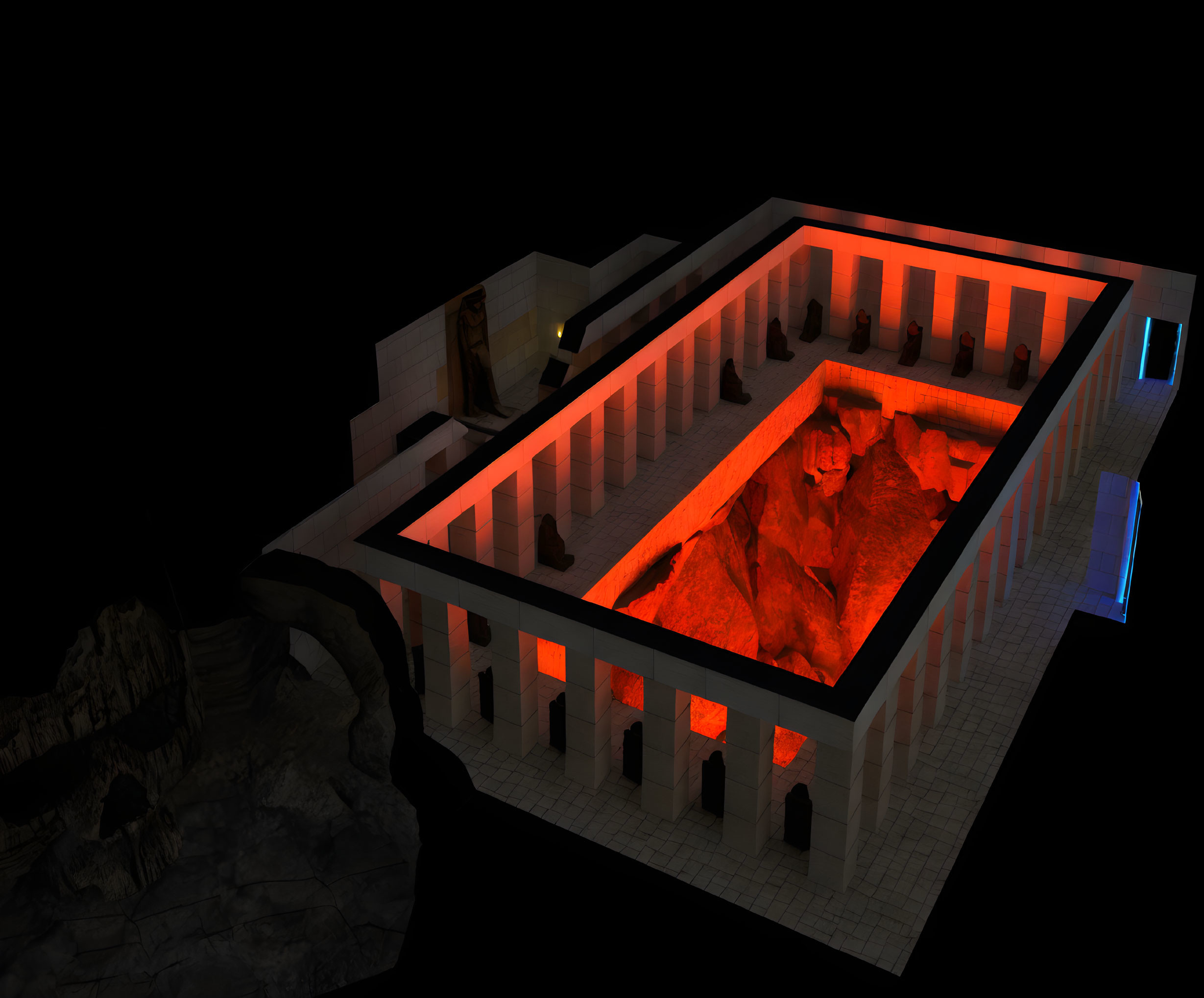 Ancient-style structure with glowing lava pit and eerie atmosphere