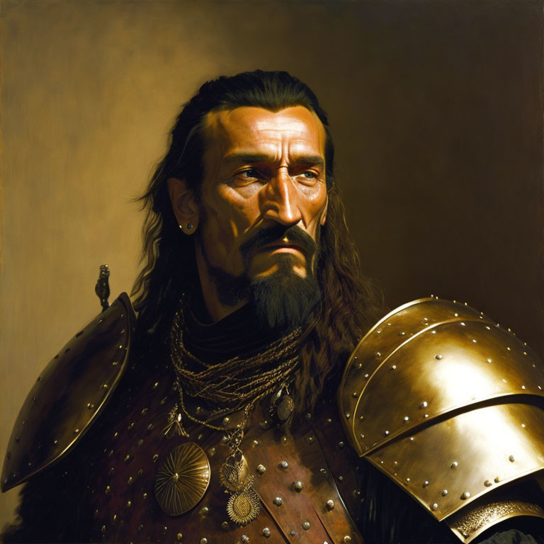 Portrait of a stern male figure in armor with goatee and long hair