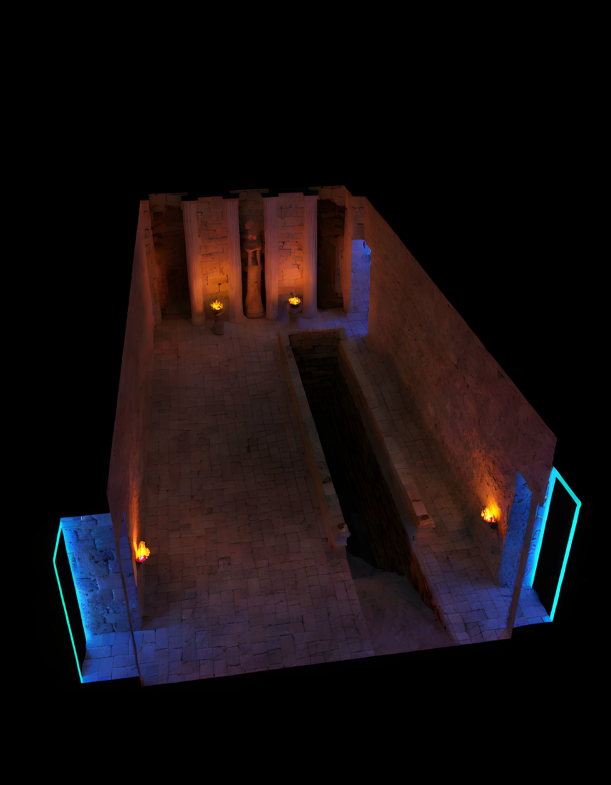 Nighttime 3D model of ancient temple with glowing blue lights and flickering torches