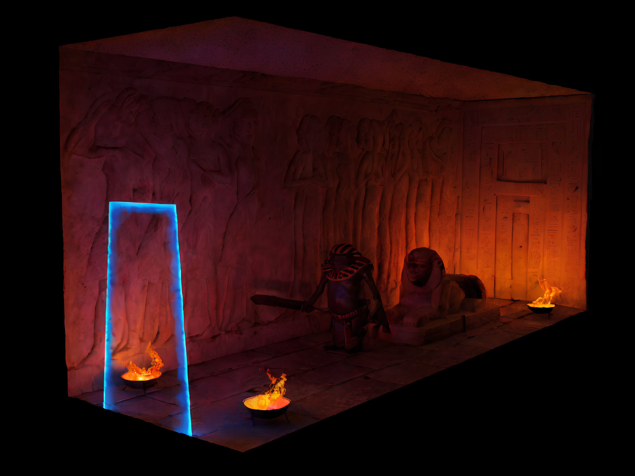 Digital artwork: Neon portal in Egyptian tomb with hieroglyphs, Sphinx, torches