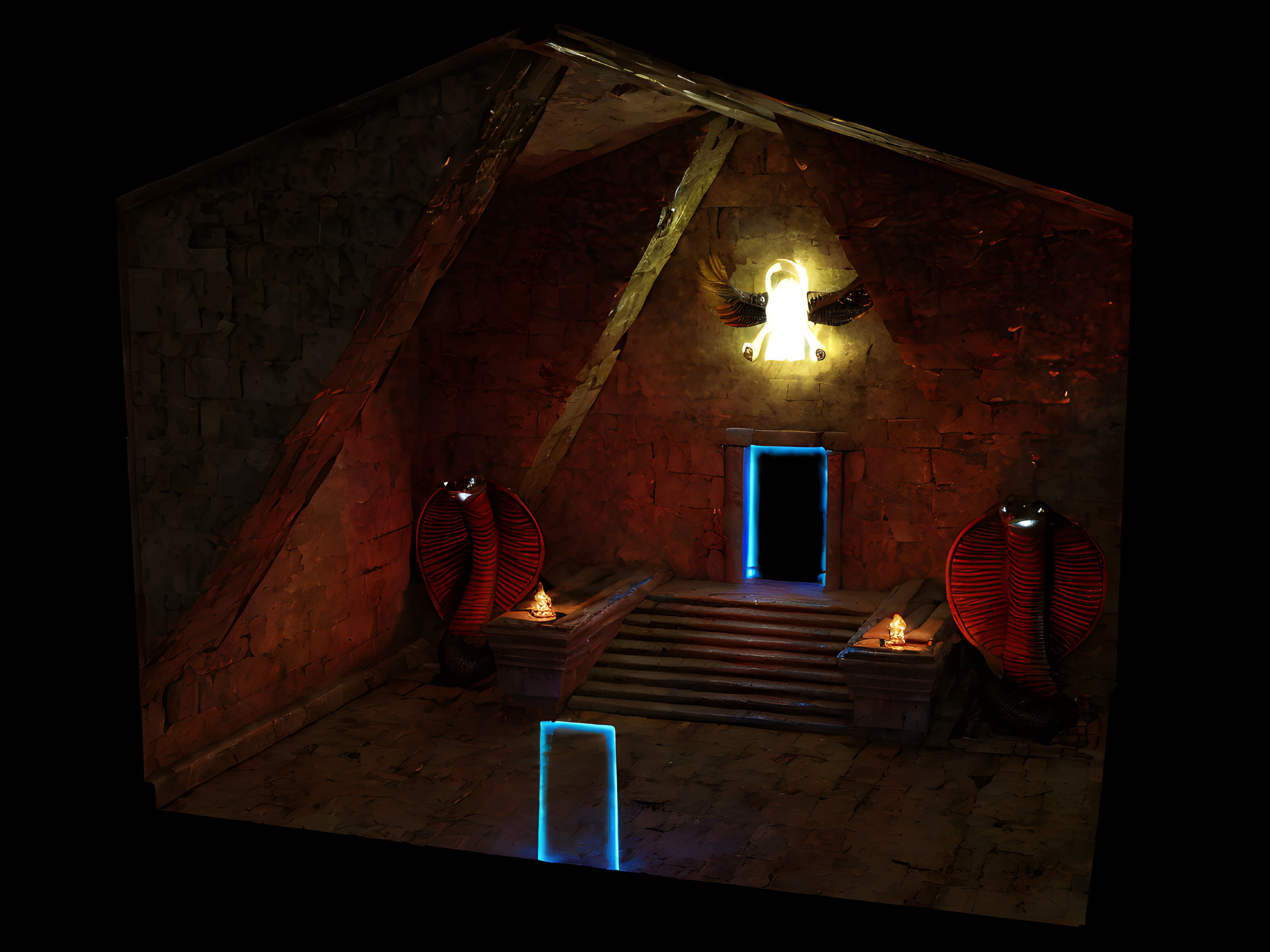 Eerie attic room with glowing symbols, red sarcophagi, angelic figure, blue doorway
