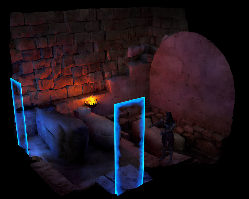 3D-rendered crypt scene with blue portals, sarcophagus, jack-o'-lantern,