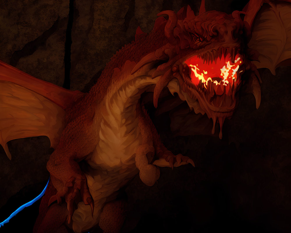 Red Dragon with Glowing Eyes in Dark Cave