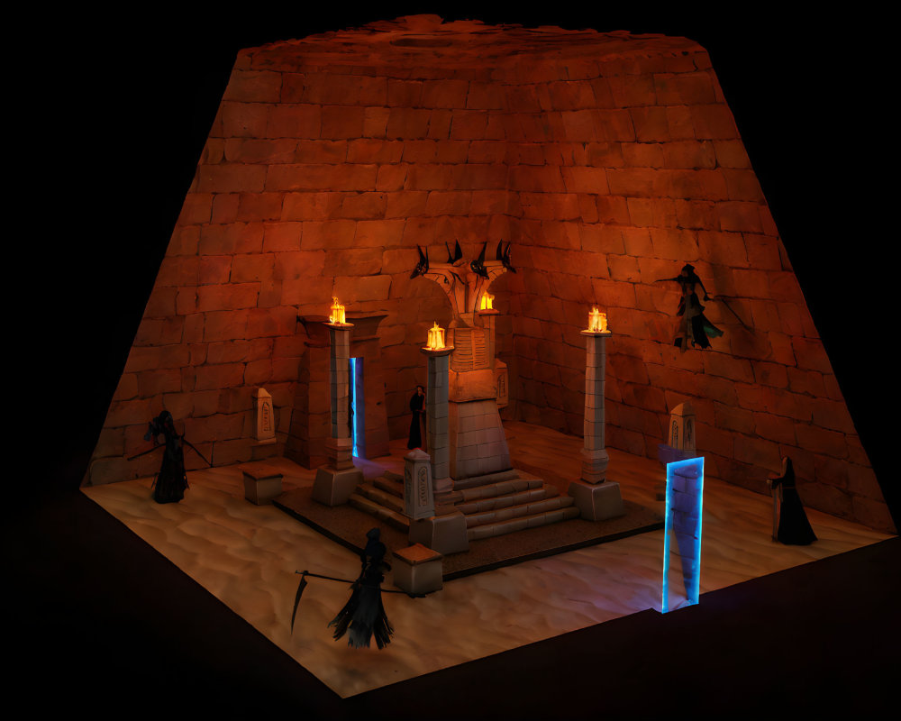 Dark atmospheric scene with cloaked figures around illuminated altar in pyramid chamber