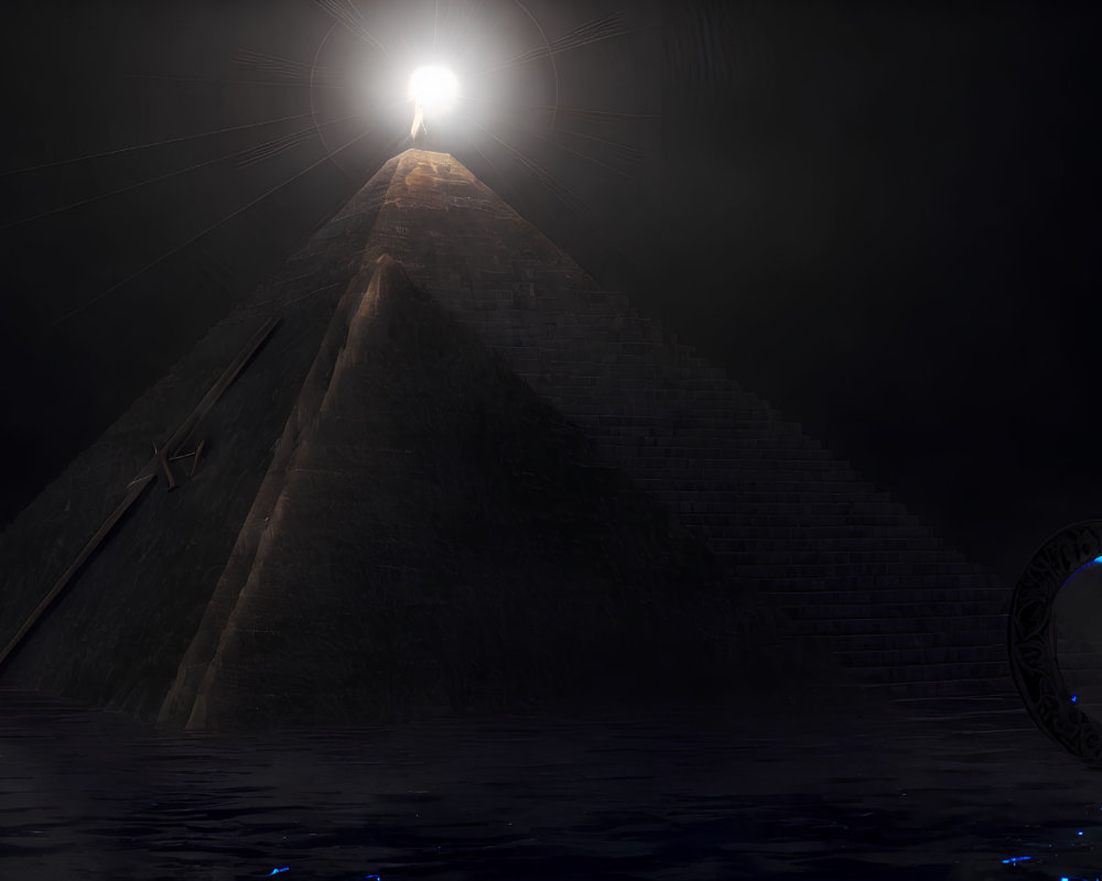 Person standing on pyramid under night sky with bright light and ancient shield nearby