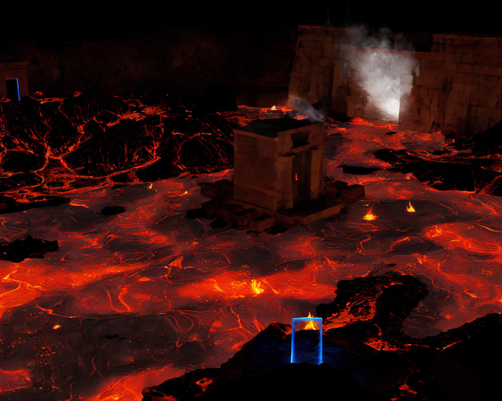 Surrealist volcanic landscape with molten lava and glowing rocks