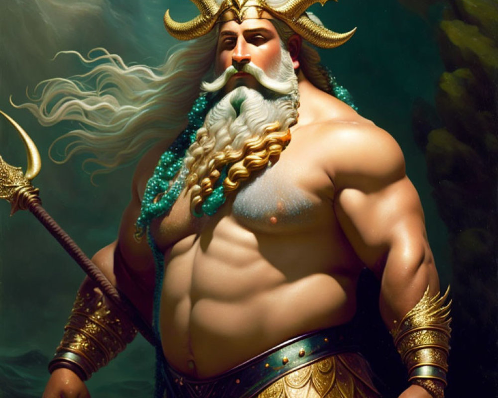 Bearded mythical figure with golden crown and trident underwater