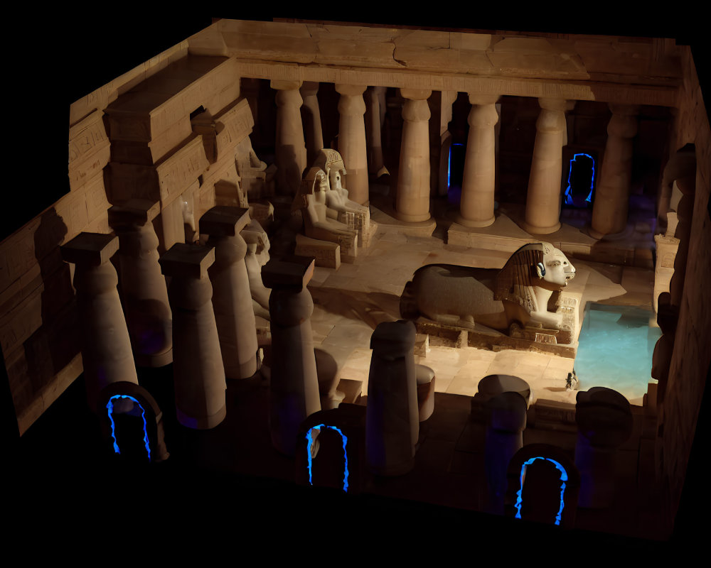 Ancient Egyptian temple interior with towering columns and pharaoh statues