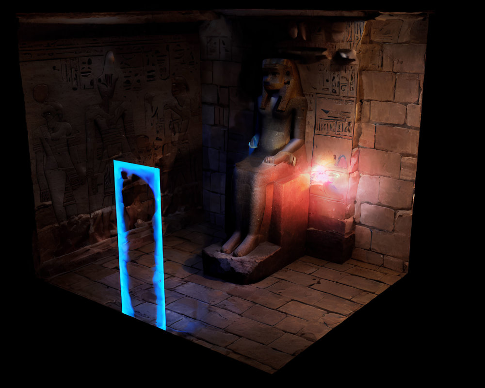 Digital artwork of ancient Egyptian tomb with pharaoh statue, hieroglyphics, and blue portal