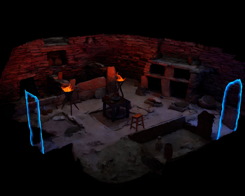 Medieval blacksmith room with forges, anvil, tools, and blue portals