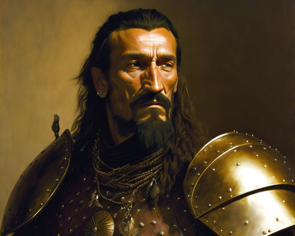 Portrait of a stern male figure in armor with goatee and long hair