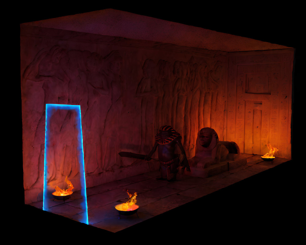 Digital artwork: Neon portal in Egyptian tomb with hieroglyphs, Sphinx, torches