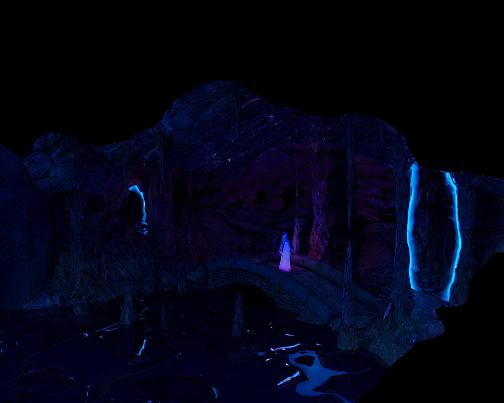 Mystical cave with glowing blue waterfalls and pink light figure