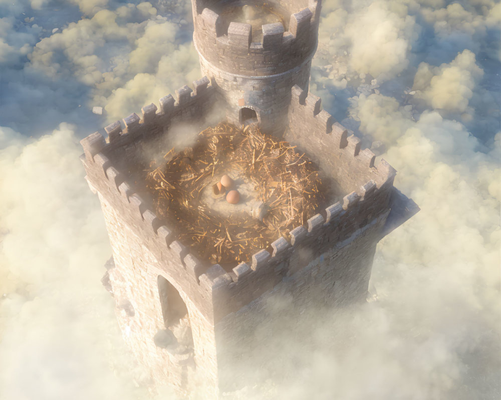 Stone tower in clouds with nest holding golden eggs under sunlight