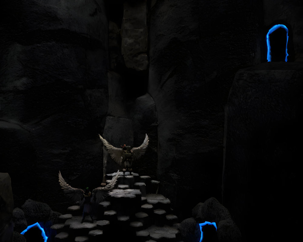 Dark cave with blue glowing markings and angelic statue on stone platforms