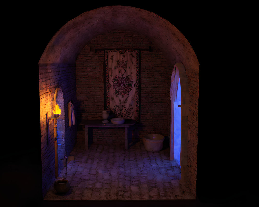 Medieval stone room with wooden table, bowls, blue glowing window, and wall tapestry