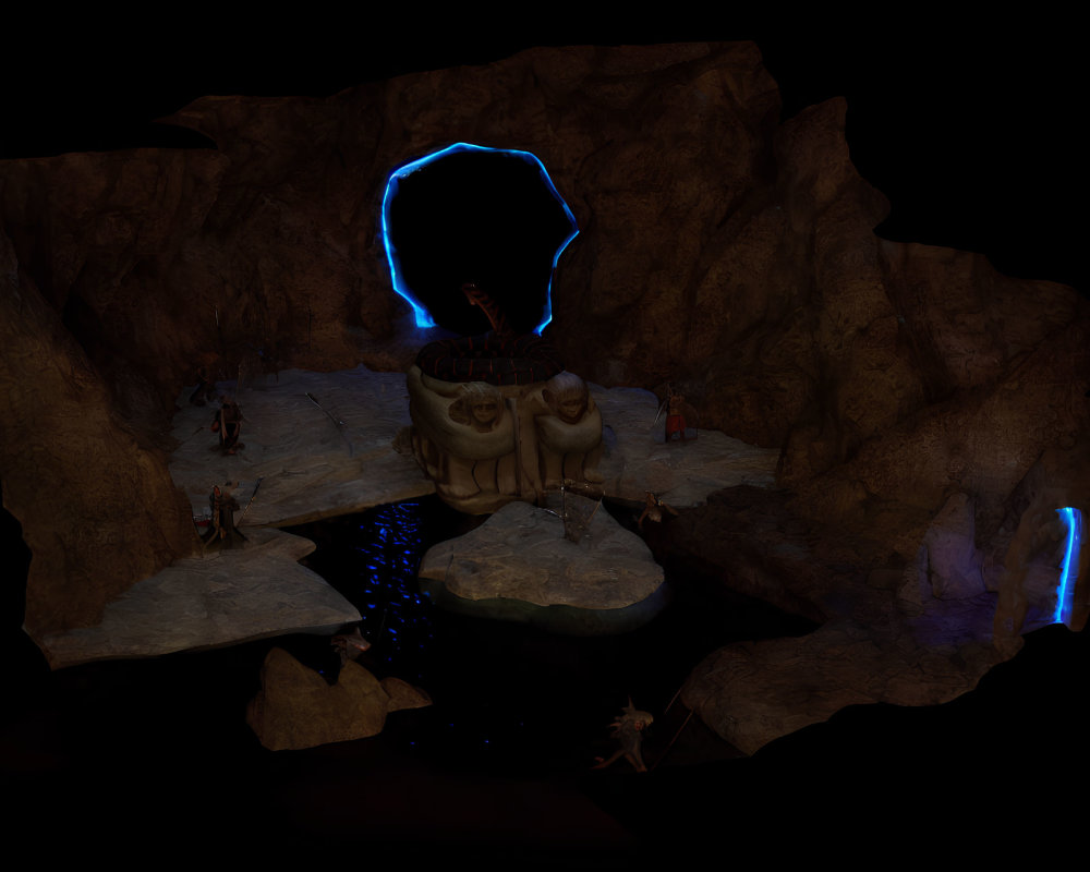 Mystical cave with glowing blue portals and unusual rock formations