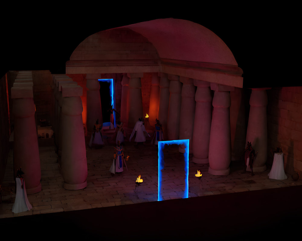 3D-rendered scene of hooded figures in ancient temple with blue and orange lights