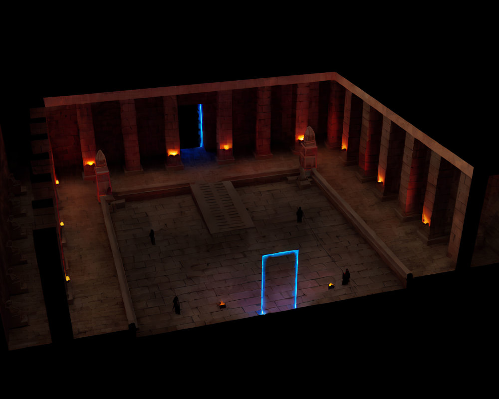 Dimly Lit 3D Rendered Room with Ancient Temple Aesthetic