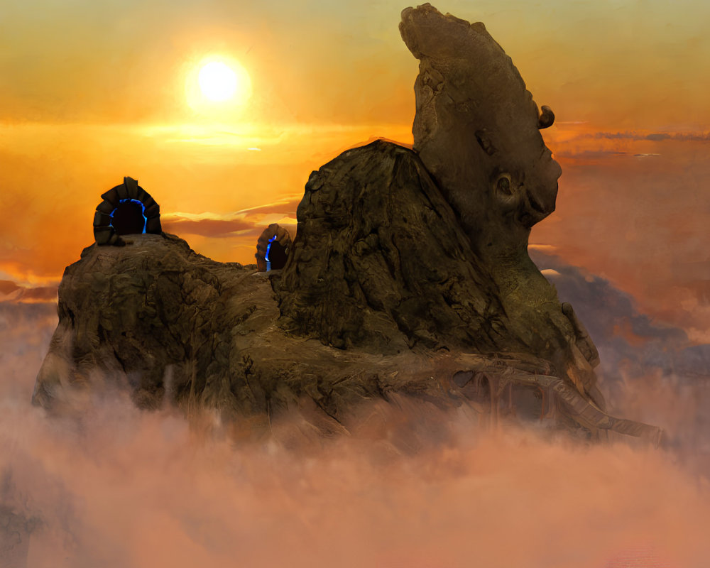 Digital artwork of rocky outcrop with futuristic structures in sunset clouds