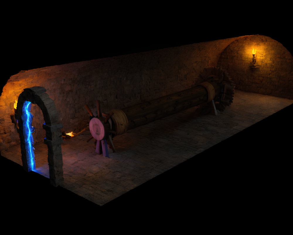 Medieval dungeon with wooden rack and glowing blue portal